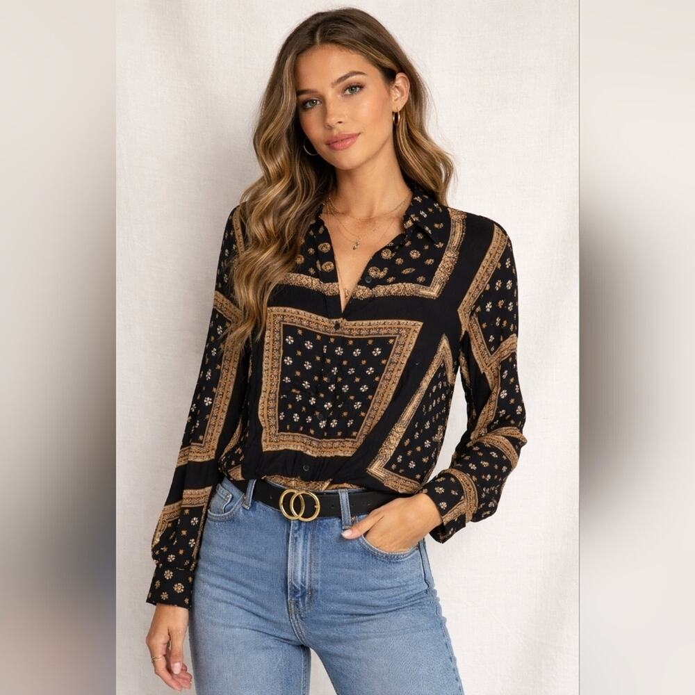 Free People Black Shirt with Gold Bandana Print